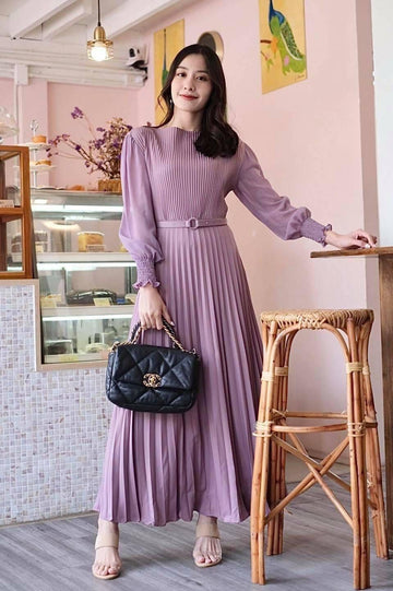 Pierre Solid Pleated Long Dress - Purple
